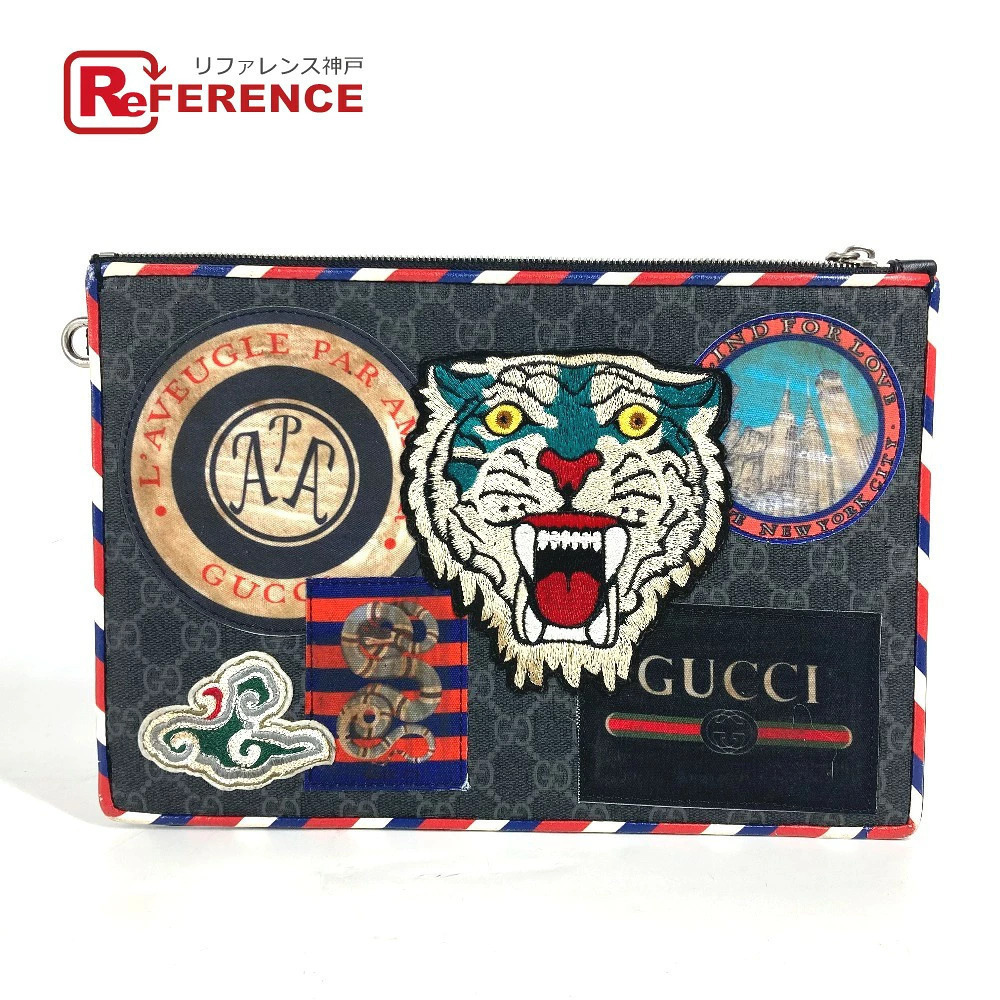 Gucci Patch Tiger Cat Night Courier GG Supreme Bag Pouch Clutch Canvas Gray